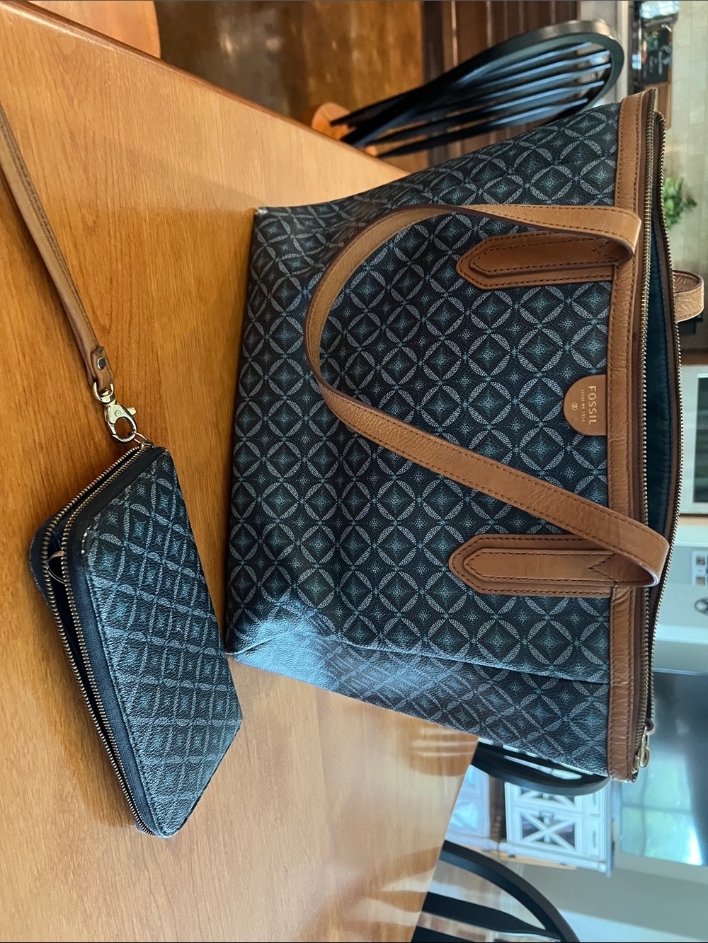 Fossil Black Patterned Tote with Brown Leather Trim